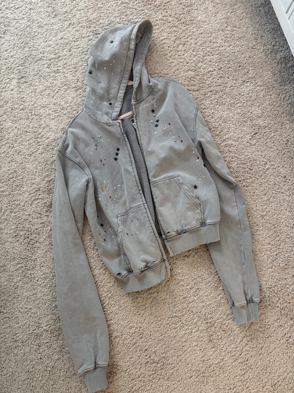 Aelfric Eden Washed Gray Star-Accent Hooded Bomber Jacket